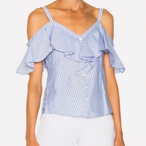 Veronica Beard Light Blue Striped Cold-Shoulder Blouse